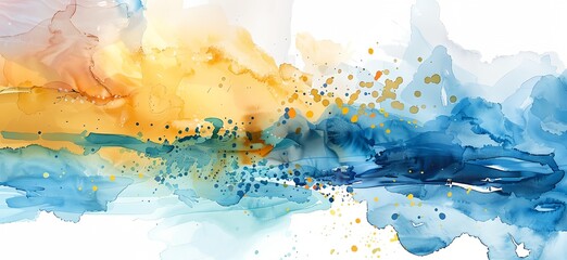 A painting of a blue and yellow ocean with splashes of color. The mood of the painting is vibrant and energetic