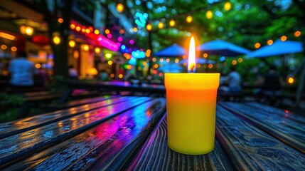 Sticker -   A candle rests on a table in front of a colorful light display