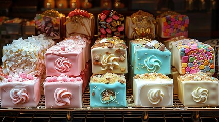 Poster -   A display case brimming with diverse soap varieties graces a metal rack before a store window