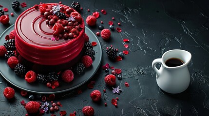 Wall Mural -   A plate holds a cake with raspberries and blackberries Nearby, a cup of coffee sits on a table