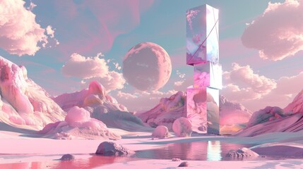 Wall Mural - A pink and purple sky with a large pink moon and a small pink planet