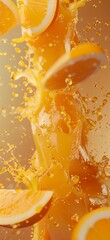 Poster - a bunch of oranges are being dropped into a liquid filled bowl of water with bubbles and water droplets.
