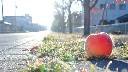 Wall Mural -   A red apple rests beside a grassy field and a building beyond it on the roadside