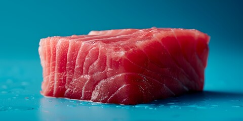 Wall Mural - piece of raw fish sitting on top of a blue surface with water droplets on it's surface