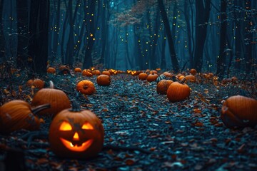 Wall Mural - A forest filled with carved pumpkins, perfect for halloween decorations or autumn themed images