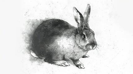 Poster -   Black and white illustration of a rabbit perched on a white backdrop, accompanied by another black and white depiction of a rabbit resting on the same white background