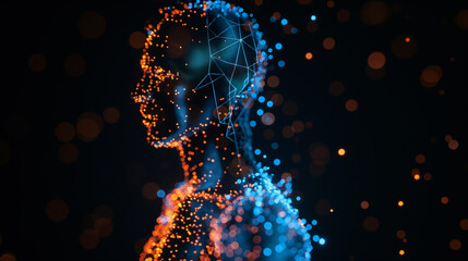 Poster - Abstract human figure in blur, hologram with glowing particles and elements