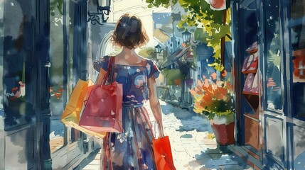 A watercolor-style illustration of a person in a vintage dress holding colorful shopping bags and glancing at a detailed