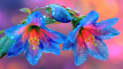 Wall Mural -   A close-up of a blue flower with water droplets on its petals against a pink and purple background