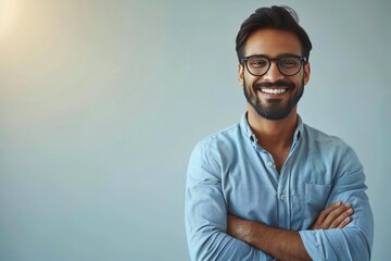 Confident Indian businessman with beard, glasses and smart casual attire, standing with arms crossed on gray background and smiling.