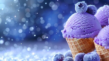 Wall Mural -  Three cone set with purple icing & blueberries on top of a pile