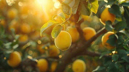 Wall Mural -   Lemons dangling from branches beneath shimmering sunlight, their juicy fruit remaining intact