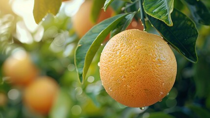 Wall Mural -   A close-up of an orange dangling from a tree, with water droplets on its leaves An orange grove can be seen in the background