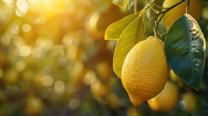 Wall Mural -   A lemon tree's lemons are captured in a tight close-up, with sunlight filtering through the leaves in the backdrop