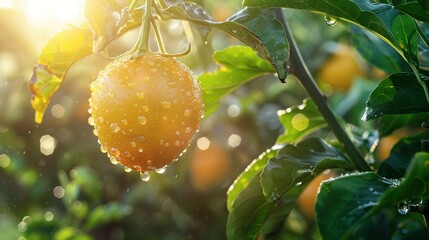 Wall Mural -   A zoomed-in picture of an orange hanging from a tree, surrounded by droplets of water on its leaves and bathed in sunlight