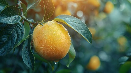 Wall Mural -   An orange on a tree with water droplets on its leaves and the sun shining in the background is captured in a close-up