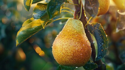 Wall Mural -  pear on tree branch with water droplets and sun