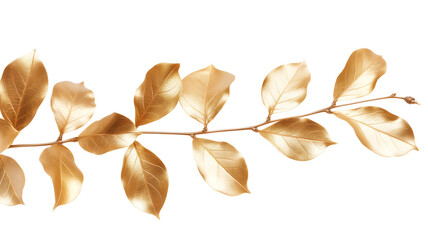 Wall Mural - Branch with gold-colored leaves arranged in pairs, isolated on a white background.