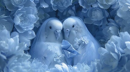 Poster -   A pair of birds perched atop a cluster of blue blooms, with a paper plane nearby