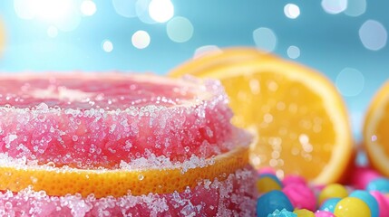 Wall Mural -   Close-up of cake with icing and sprinkles, alongside a collection of candies