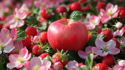 Wall Mural -   Red Apple with Pink Flowers and Strawberries, Close Up