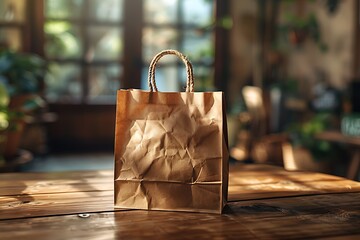 Brown paper bag on wooden table