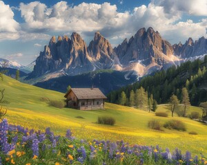 Wall Mural - Sunny alpine landscape  idyllic springtime scene with blooming meadows in the high quality image