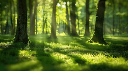 Wall Mural - Softly blurred forest with sunlit trees