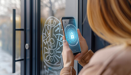 Woman unlocking door using mobile phone, closeup. Illustration of closed and open padlocks on device screen