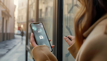 Woman unlocking door using mobile phone, closeup. Illustration of closed and open padlocks on device screen