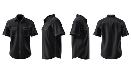 Wall Mural - 3D realistic vector mockup of an empty mens classic black shirt with short sleeves and chest pockets shown in front side and back views Isolated on a white background