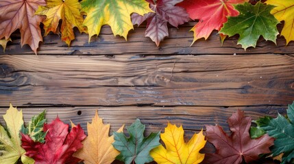 Poster - Maple leaves of various colors on wooden background with space for text