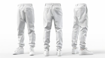 Wall Mural - 3D rendering of blank white mens pants mockup showing front and back views Isolated empty template of daily male trackpants with belt