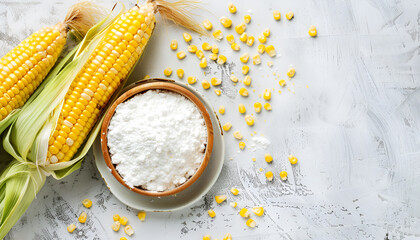 Wall Mural - Bowl with corn starch, ripe cobs and kernels on white table