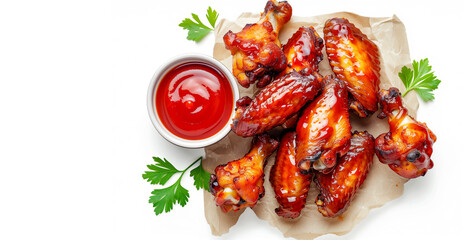 Wall Mural - Chicken wings glazed with hot chilli sauce and served with ketchup, on white background, top view. National Chicken Wing Day