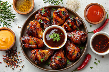 Wall Mural - Chicken wings glazed with hot chilli sauce and served with different sauces, white background, top view