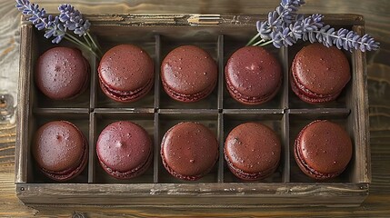 Wall Mural -   A red velvet macaroon box filled with chocolate frosting and a nearby lavender sprig