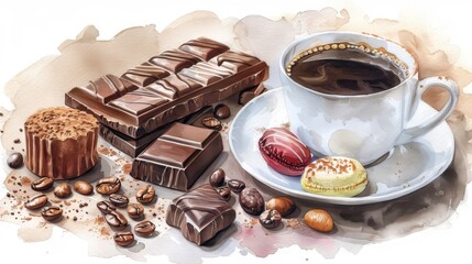 A cup of coffee and some chocolate bars on a table. The perfect way to relax and unwind.