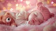 © pier - adorable baby girl napping with teddy bear in pink fluffy blanket surrounded by stars