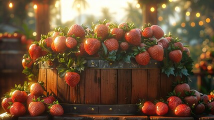 Wall Mural -   Wooden barrel brimming with juicy strawberries, resting atop wooden table under soft lighting