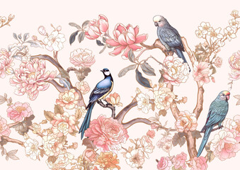 Wall Mural - Blossom trees with sparrow and parrots Seamless pattern, background. Vector illustration. In Chinoiserie, botanical style