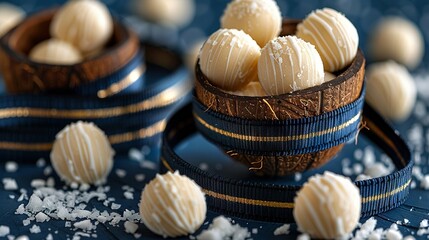 Wall Mural -   A bowl of white chocolates sits atop a blue-gold tablecloth, alongside a measuring tape