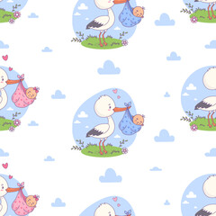 Wall Mural - Seamless pattern with cute stork with newborn babies boy and girl on white background with clouds. Vector illustration. Cartoon bird kawaii and childish birthday. Kids collection