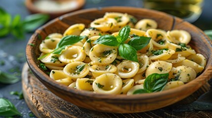 Wall Mural - A bowl of pasta with green herbs and lemon slices. The pasta is in the shape of circles and is covered in parsley