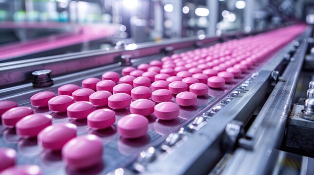 A conveyor belt is filled with pink pills