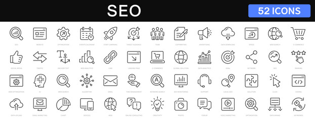 Leinwandbilder - SEO - search engine optimization thin line icons set. seo icon collection. Search optimization symbol. Editable stroke icons. Vector illustration