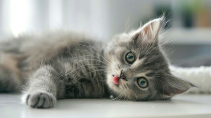 Adorable gray kitten with piercing green eyes lounges on a white table. The cute, fluffy cat playfully licks its lips. Plenty of room for your own text