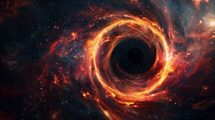 Wall Mural - square astronomical poster with a fantasy print of a black hole featuring hot rotating orange gas cl