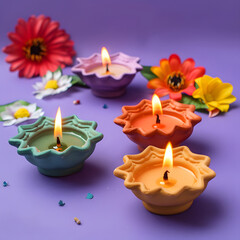 Wall Mural - Colorful clay diya lamps with flowers on a purple background design