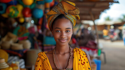 Young African woman in traditional attire and headwrap, smiling confidently in a vibrant market setting.